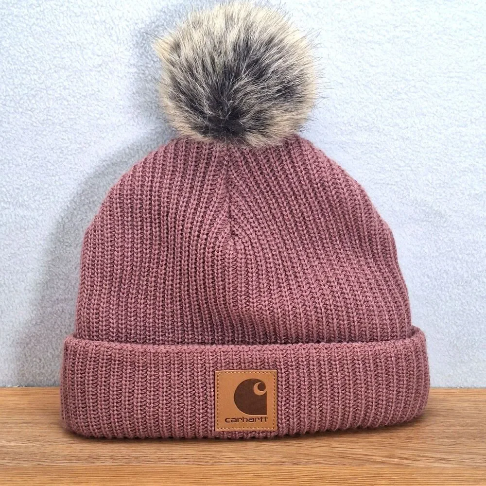 Carhartt Womens Hat Pink Pom Fleece Lined Knit Faux Fur Beanie Soft Mauve